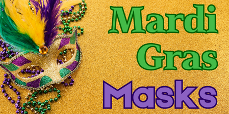 a green, purple, and yellow feathered Mardi Gras mask on a glittery yellow background